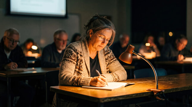 Mature woman taking notes in a dimly lit evening adult education class at a desk