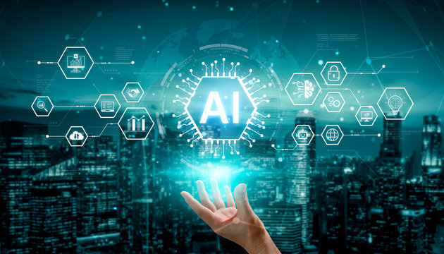 Artificial intelligence network concept connecting services, security, analytics and automation across a distributed ecosystem. Corpus