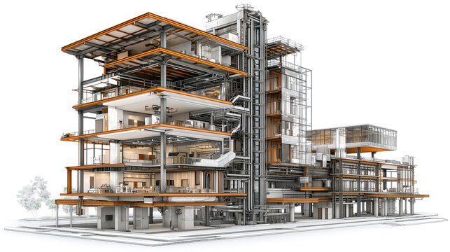Detailed architectural cross section of modern skyscraper showcases its intricate structure, including floors, rooms, and mechanical systems, highlighting contemporary design and engineering