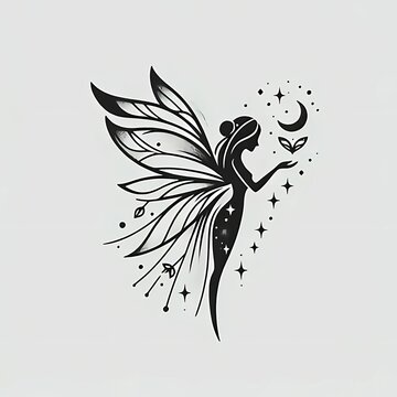 Celestial Fairy with Crescent Moon and Stars Tattoo