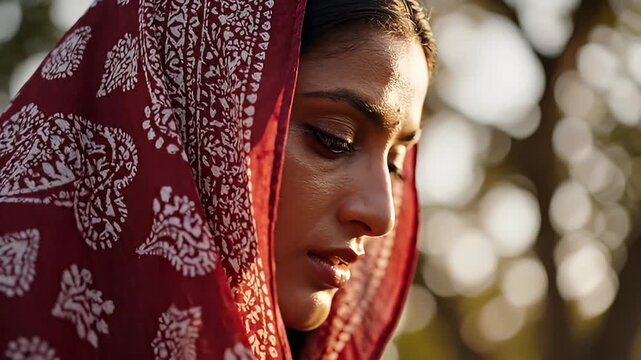 Close-up of a contemplative South Asian woman wearing a traditional patterned scarf, with soft bokeh
