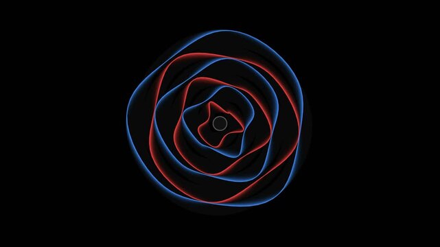 Glowing red and blue neon wavy lines forming a pulsing rose pattern on black background