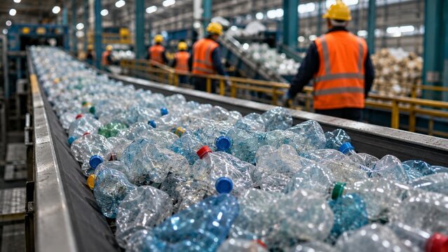 Title: Plastic Bottle Recycling Conveyor With Workers
