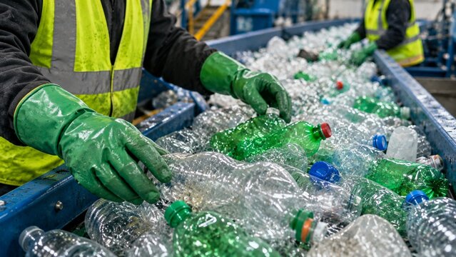 Title: Workers Sorting Plastic Bottles for Recycling
