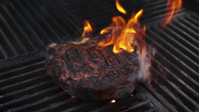 Barbecue dry aged entrecote roast beef steaks grilled as close-up on a charcoal grill with fire and smoke
