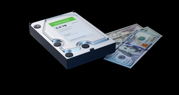 Computer hard disk drive dropping alongside hundred dollar bills on dark background showing expensive hardware inflation