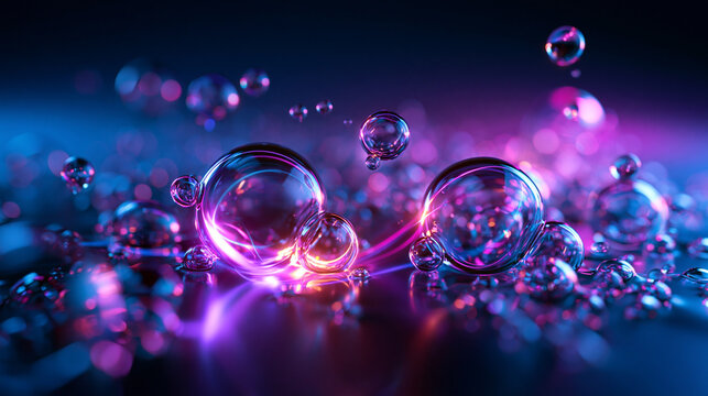 Glowing Neon Glass Bubbles on Reflective Surface Abstract Background