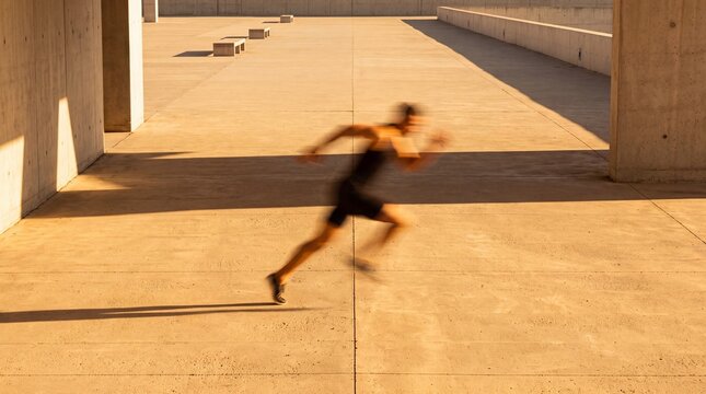 Motion Blur of Athlete Sprinting Across Concrete Urban Terrace