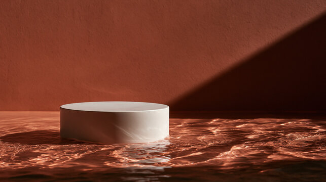 White Podium in Water on Terracotta Background for Product Display