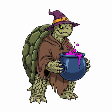Cartoon illustration of a spooky turtle wizard holding a magical purple potion cauldron.