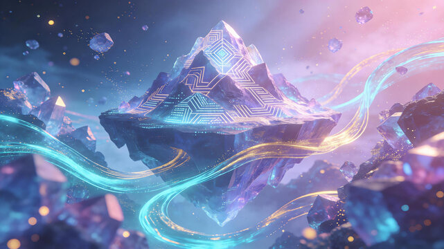 Luminous crystal peak on floating island in dreamlike sky