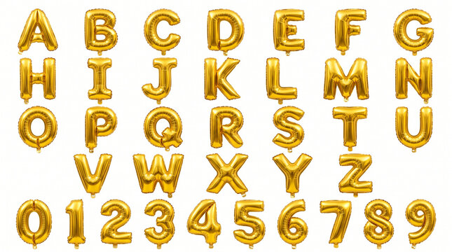 Complete set of golden foil balloon alphabet letters from A to Z and numeric digits zero to nine isolated on a white background. Metallic inflated symbols for celebratory events.