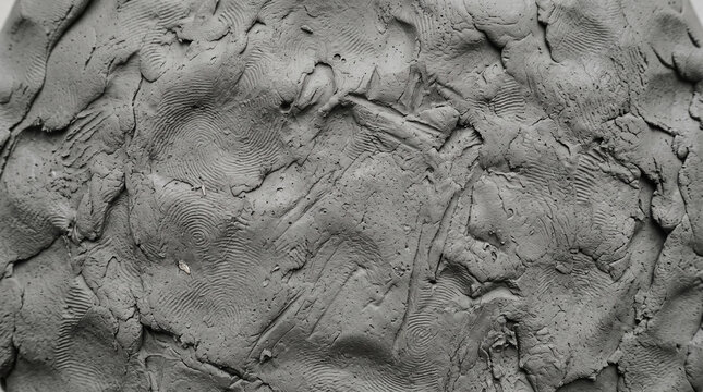 Detailed macro texture of gray modeling clay featuring visible human fingerprints, thumbprints, smudges, and tool marks on an uneven surface with cracks and organic lumps.