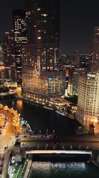 Aerial panorama of Chicago River showcasing downtown