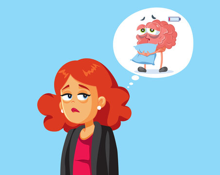 Exhausted Woman With Sleepy Brain Thinking Bubble Holding Pillow Vector Illustration. Tired female character dreaming with drowsy brain illustration inside thought cloud holding cozy cushion 