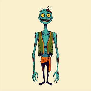 Cartoon Zombie Character Standing Isolated on Plain Background.