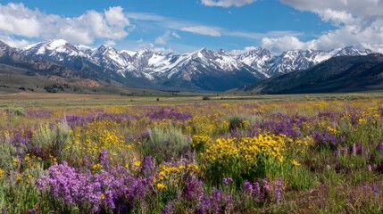 Obraz premium Blooming wildflower meadow with snow capped mountains in the background under blue sky