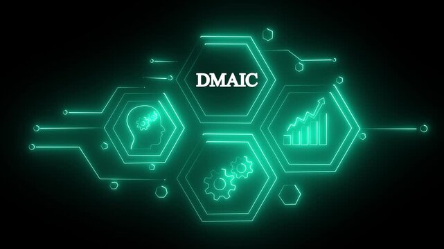 Abstract neon Hud knowledge ability business gear icon Glowing neon line concept. Glowing "DMAIC" button in German on a futuristic. motion  graphics animation 