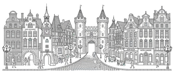 Obraz premium Old European Town Square with Gatehouse and Clock Tower