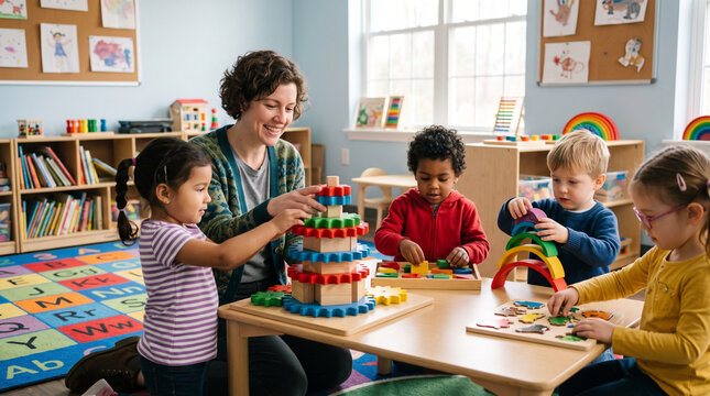Female educator and a group of diverse young children engaged in educational play with wooden gear towers, puzzles, and rainbow blocks in a brightly lit preschool classroom.