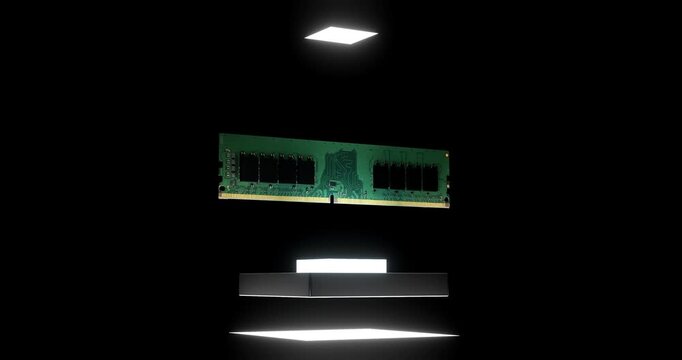 Orbiting camera view around artificial intelligence computer ram module floating on glowing platform in dark space showing hardware premiumization