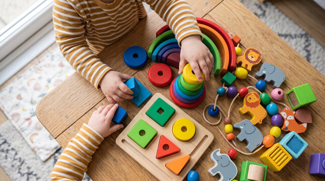 Overhead view of a child's hands playing with wooden Montessori educational toys, including a shape sorter, rainbow stacking rings, and animal figures on a light wooden table surface.