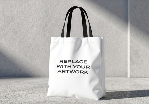 Tote bag mockup with black handles standing on a concrete floor against textured wall, realistic product presentation for branding and graphic design, template artwork display