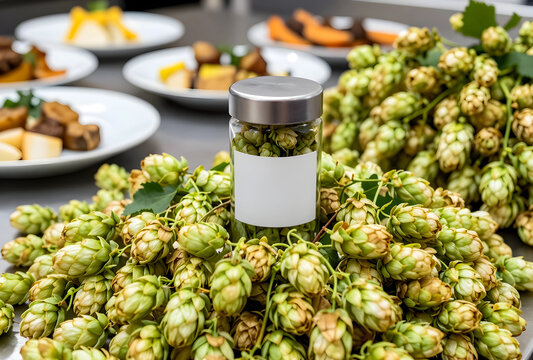 Craft beer brewing ingredients, fresh hop cones and dried hops in a jar with blank label, culinary and beverage industry