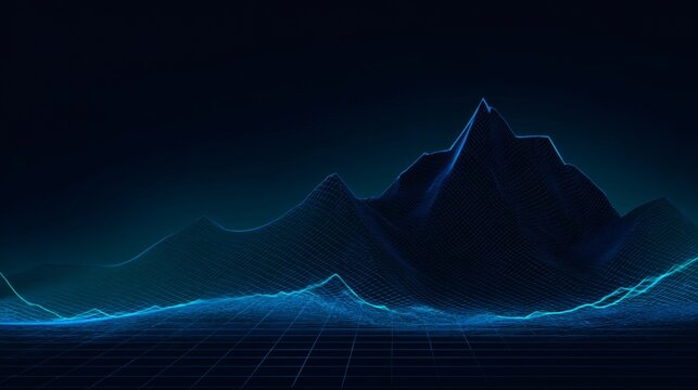Abstract digital mountain landscape with glowing blue wireframe data network background