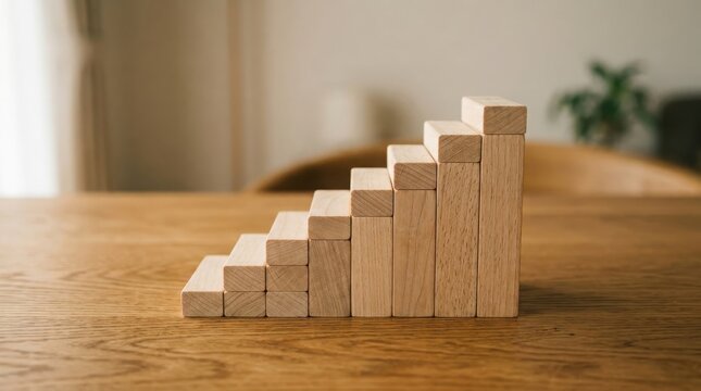 Wooden blocks arranged in a staircase pattern on a table