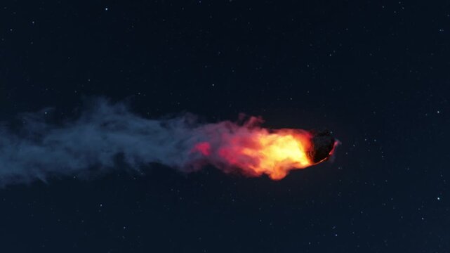 3D Animation of a flying fireball meteor in front of starry sky	