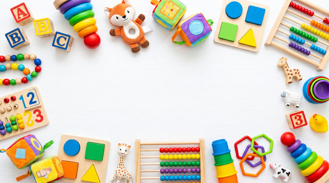 Variety of colorful wooden and plastic educational toys for toddlers including an abacus, stacking rings, alphabet blocks and shape puzzles in a border layout on white background.
