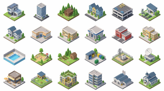 Colorful isometric vector illustrations of various buildings and structures.