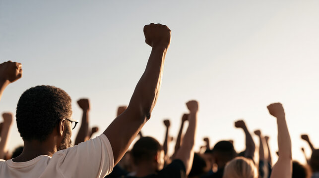 Diverse crowd raising fist in solidarity during outdoor public demonstration