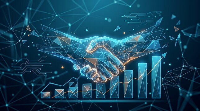 Conceptual digital network depicting a collaborative agreement between professional allies with low poly wireframe hands shaking over rising financial charts business handshake partnership agreement