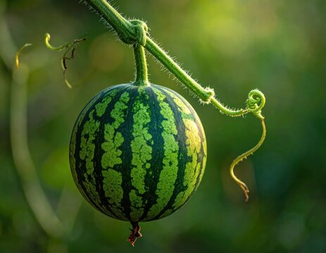 Small round watermelon growing on a vine outdoors.