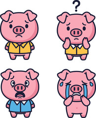 Fototapeta premium Set of cute cartoon pig character expressions with different emotions.