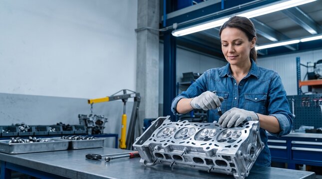 A female technician wearing a denim shirt and work gloves uses a hand insertion tool on a metal workbench to press new valve stem seals onto an aluminum cylinder head assembly.