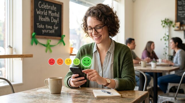 Woman uses a smartphone mood tracker in a cafe during a World Mental Health Day event. Concept digital wellness and emotional check-in content for campaigns, apps and social media. Generative AI.