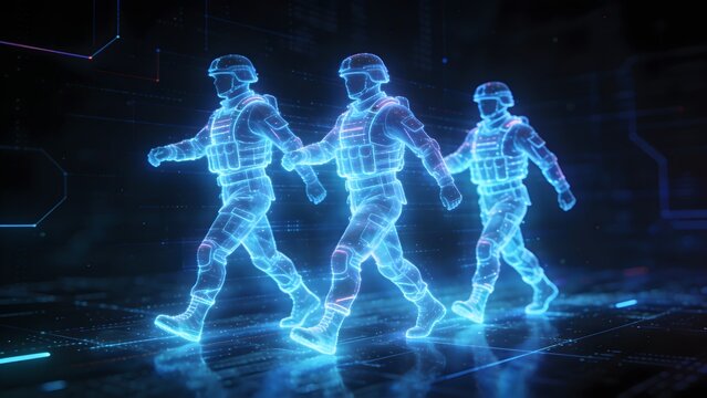 Three holographic figures in military-style gear march in a futuristic formation, depicted with glimmering blue light against a dark, technologically advanced background, evoking themes of digital sec