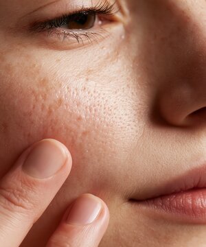 a woman's fingertips touching her cheek with visible enlarged pores and pigmentation