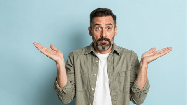 Confused Middle-Aged Man Shrugging with Open Palms