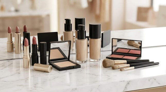 Set of professional makeup products with foundation bottles lipstick and brushes on a vanity table