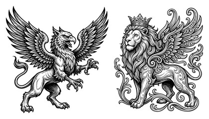 Fototapeta premium Heraldic Griffin and Lion Illustration with Crown and Wings Featuring Heraldry