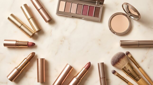 Collection of various makeup products including lipstick eyeshadow palette and brushes for beauty care