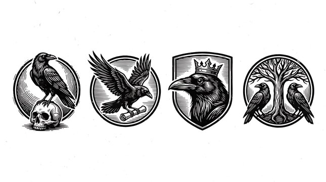 Gothic raven and crow heraldic shield emblems.