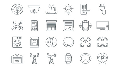 Fototapeta premium Icon Set with Home Automation, Smart Devices, and Technology Symbols. Modern Line Art Illustration