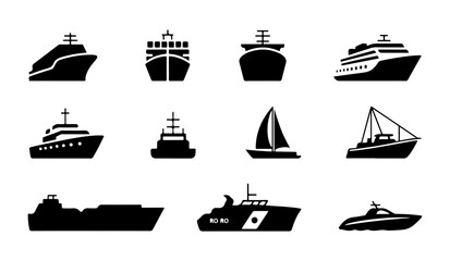 Nautical ship silhouette icons set featuring cargo tankers cruise liners and military vessels for transport. © Md