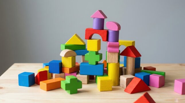 Colorful wooden building blocks on a wooden table