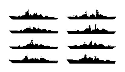 Military warship and naval vessel silhouettes for defense strategy illustration and maritime security theme. © Md